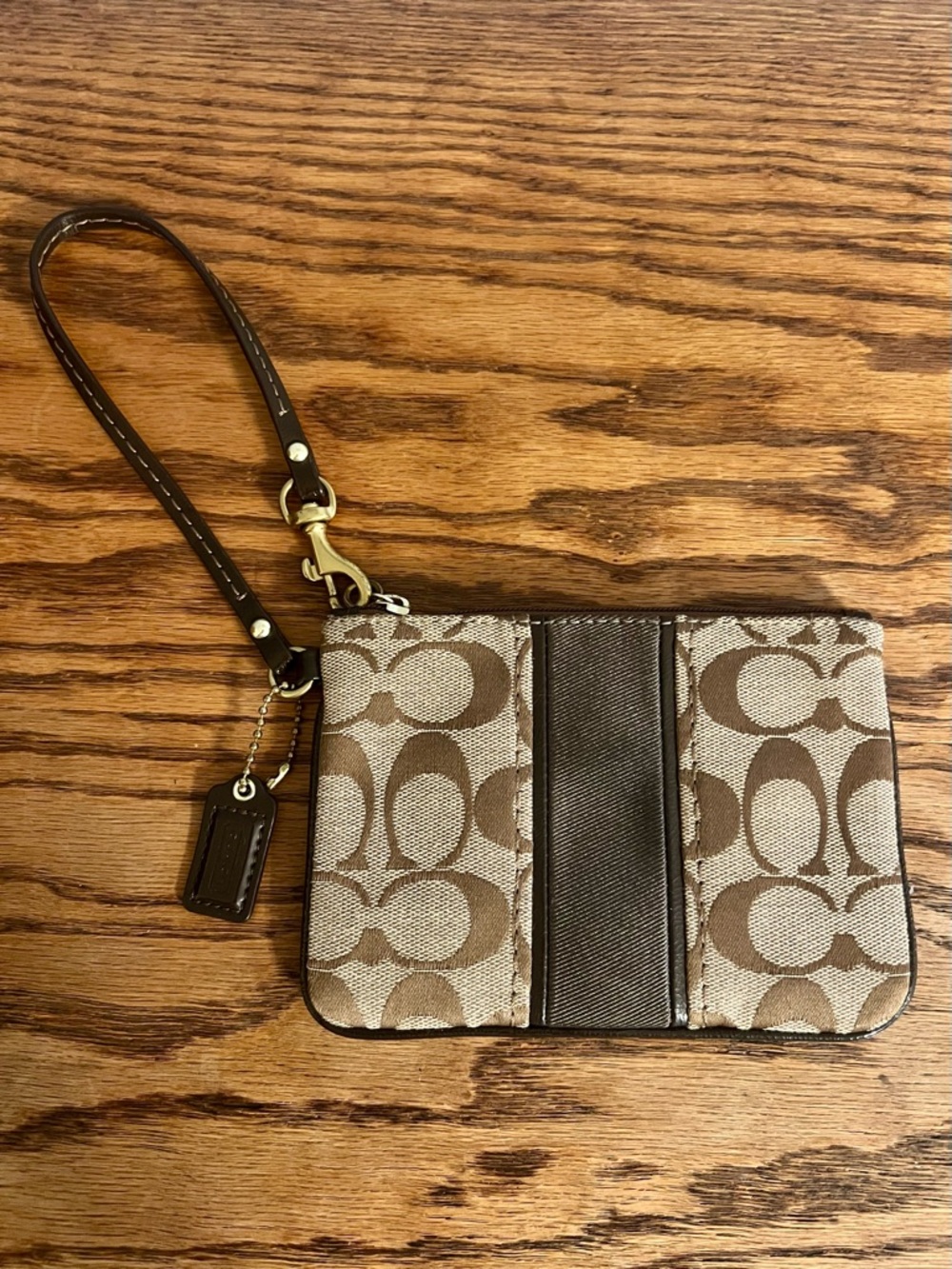 Coach Signature C Canvas Tan with Brown Leather Trim Wristlet Clutch
